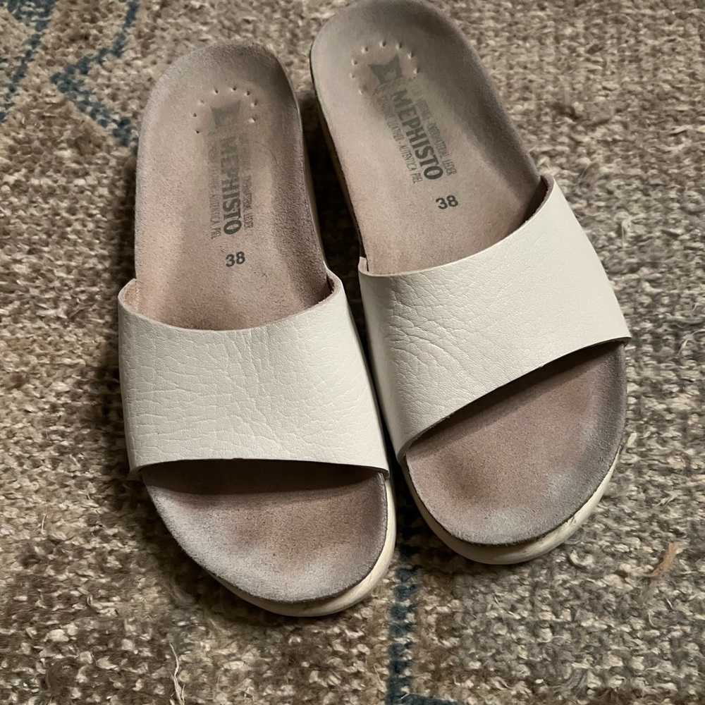 Mephisto White Leather Cork Footbed Slide Sandals Womens 38 Comfort Shoes - Picture 6 of 6